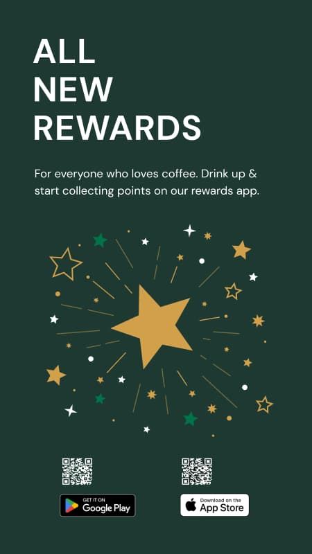 A digital signage template for the purpose or retail advertisement shows the Starbucks logo, QR codes, and a message to download the Starbucks app via the QR codes.