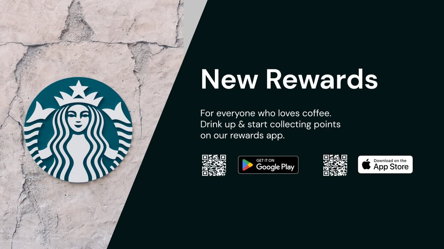 A digital signage template for the purpose or retail advertisement shows the Starbucks logo, QR codes, and a message to download the Starbucks app via the QR codes.