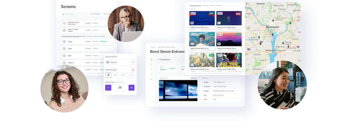 A UI element screenshot of the Fugo platform depicts the digital signage screen monitoring function of Fugo.