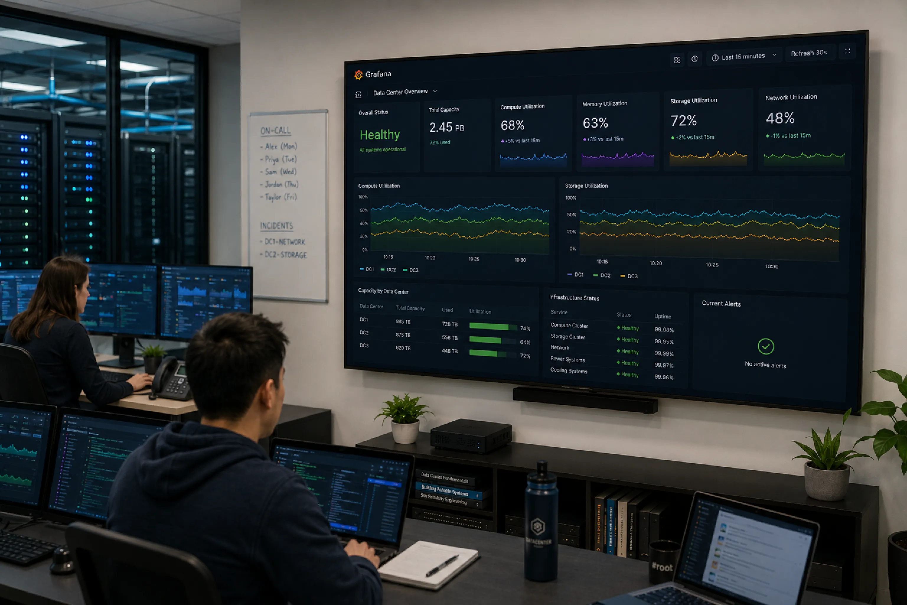 Data center engineering room with a large screen showing a Grafana overview of capacity, utilization and infrastructure status