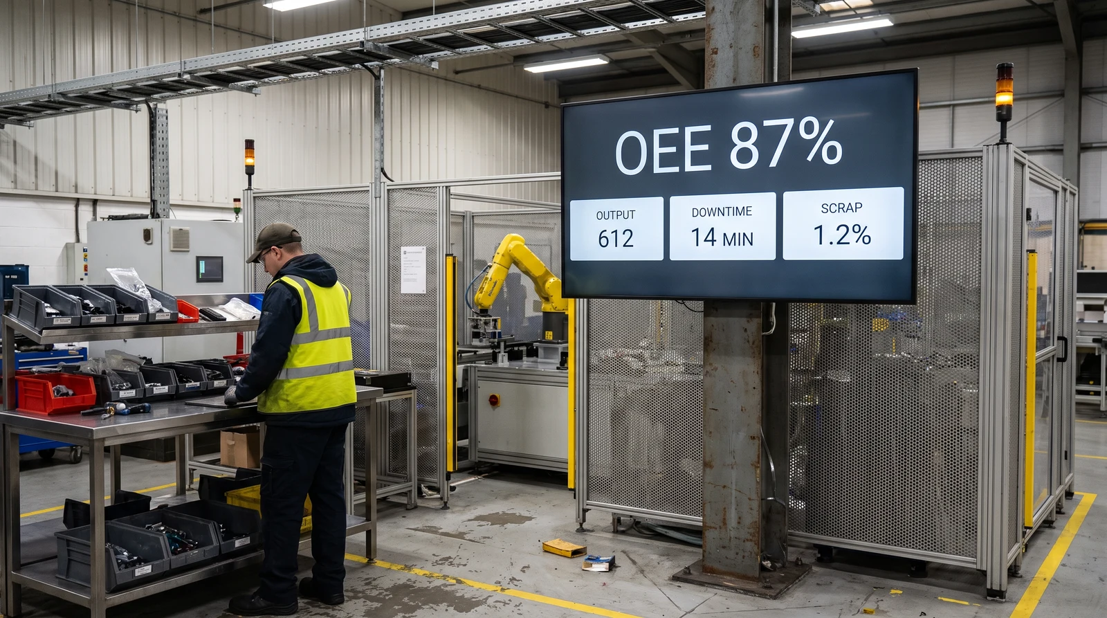Factory robot cell with a screen on a pole showing OEE, output, downtime and scrap figures