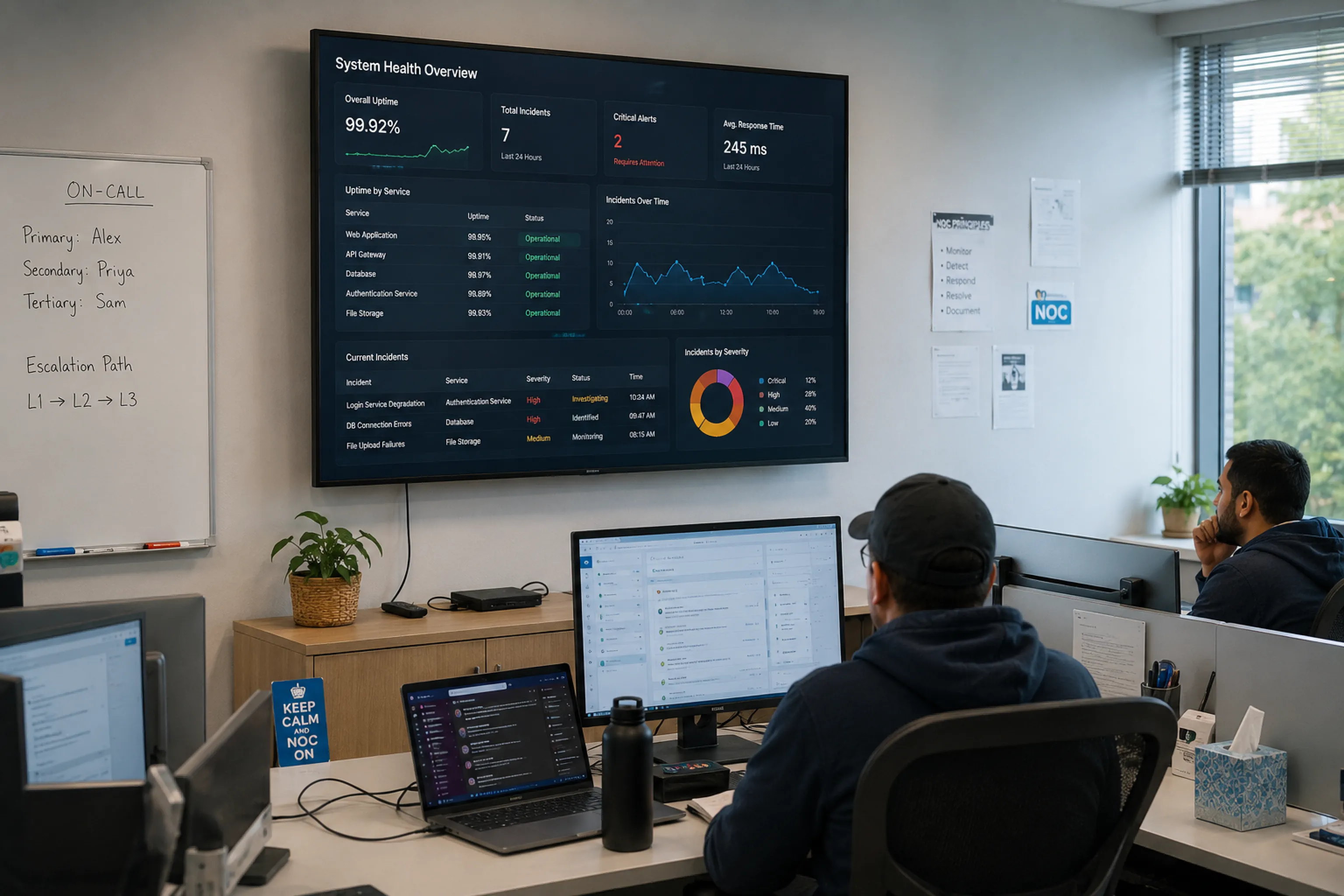 Network operations center wall screen showing a system health overview with uptime, incident count and response time