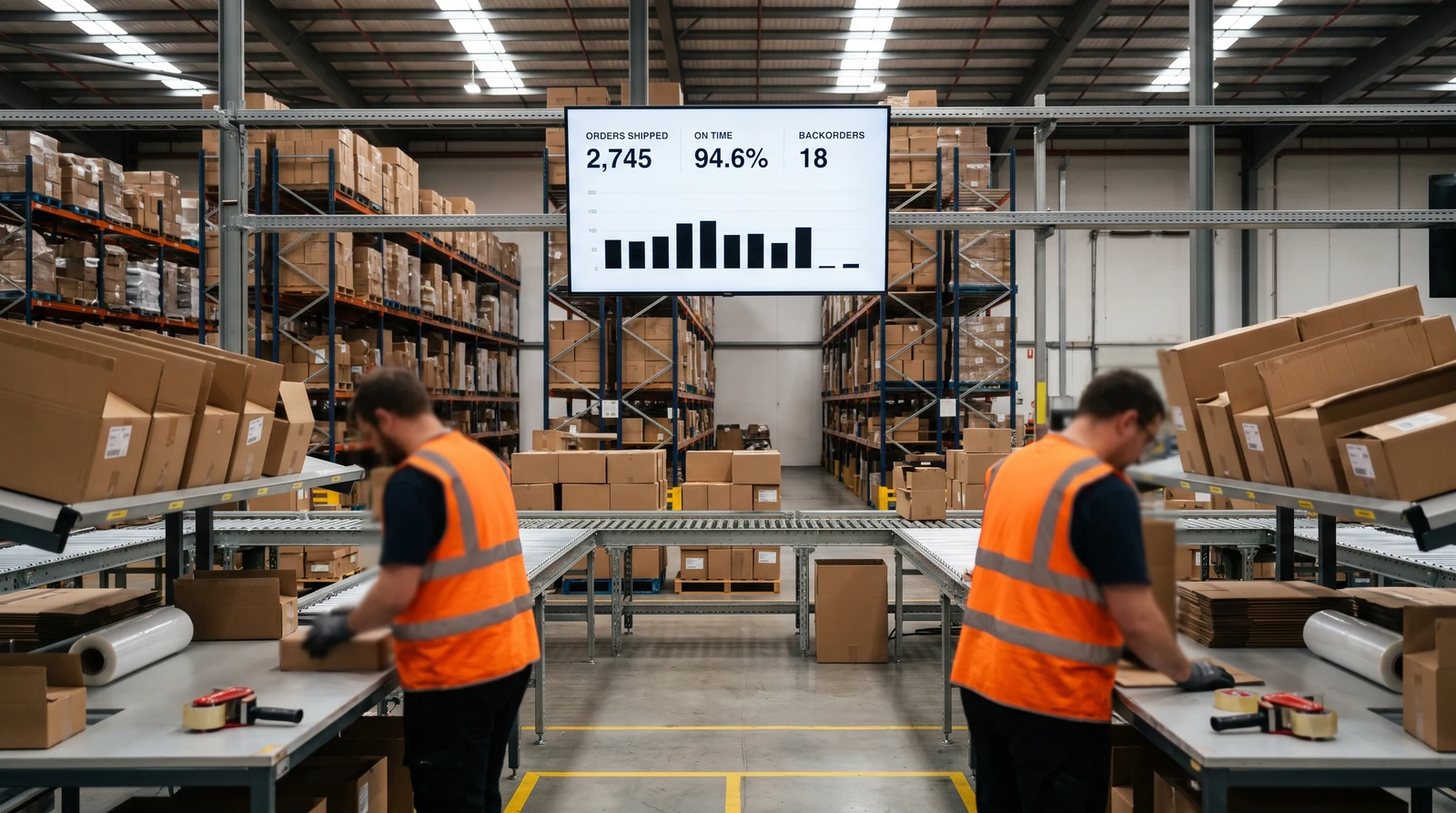Warehouse packing lanes with a screen above the conveyor showing orders shipped, on-time rate and backorders