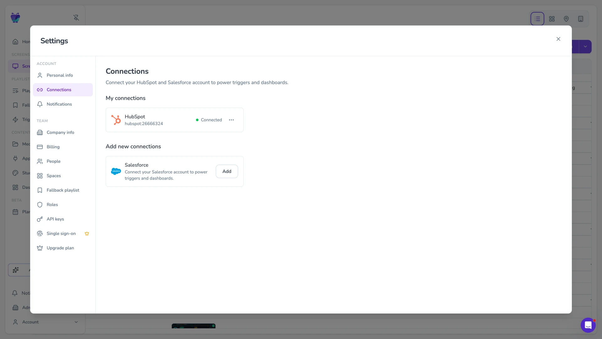 Fugo CMS connections tab showing a HubSpot integration ready to power triggers and dashboards