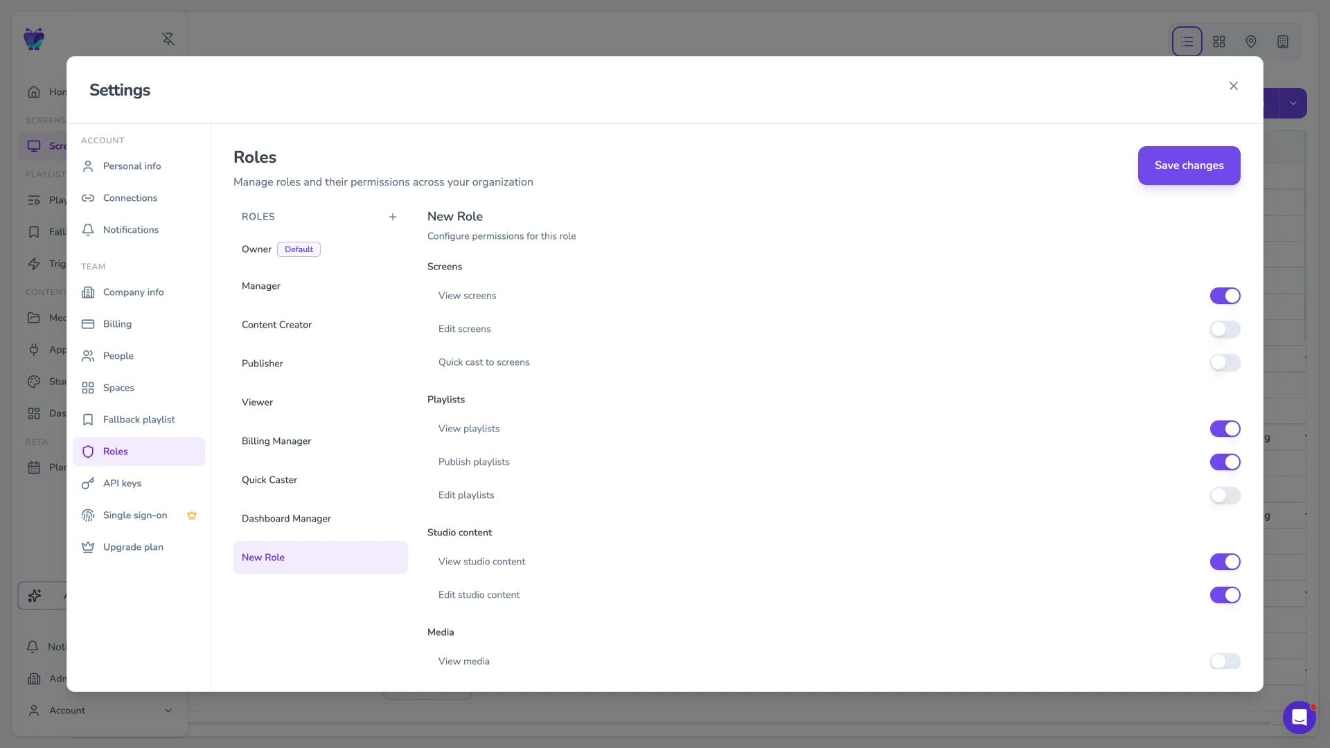 Account settings roles tab showing creation of a custom role
