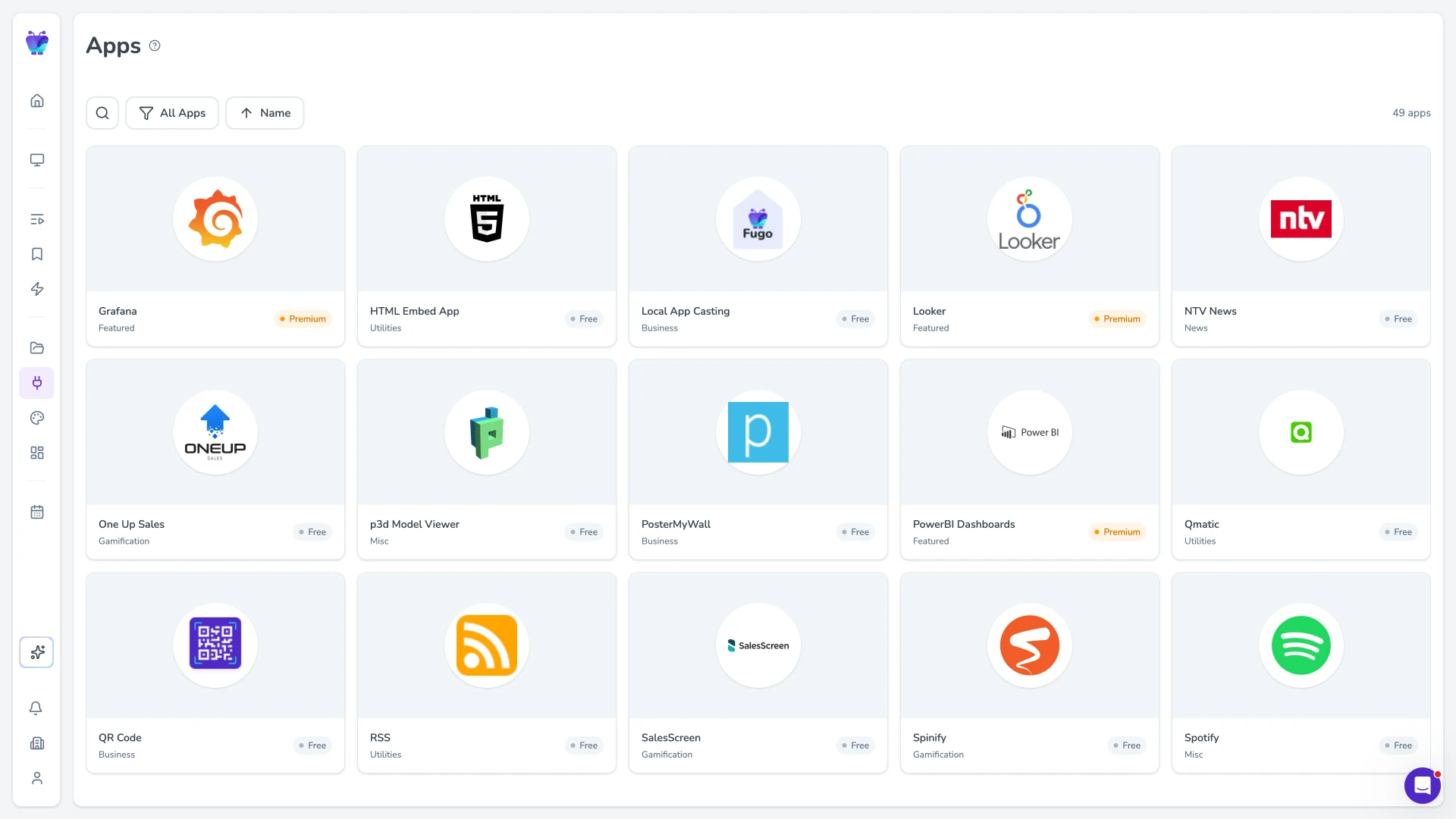 Fugo Apps page with integrations for Grafana, Power BI, Looker, Spotify, RSS, and more