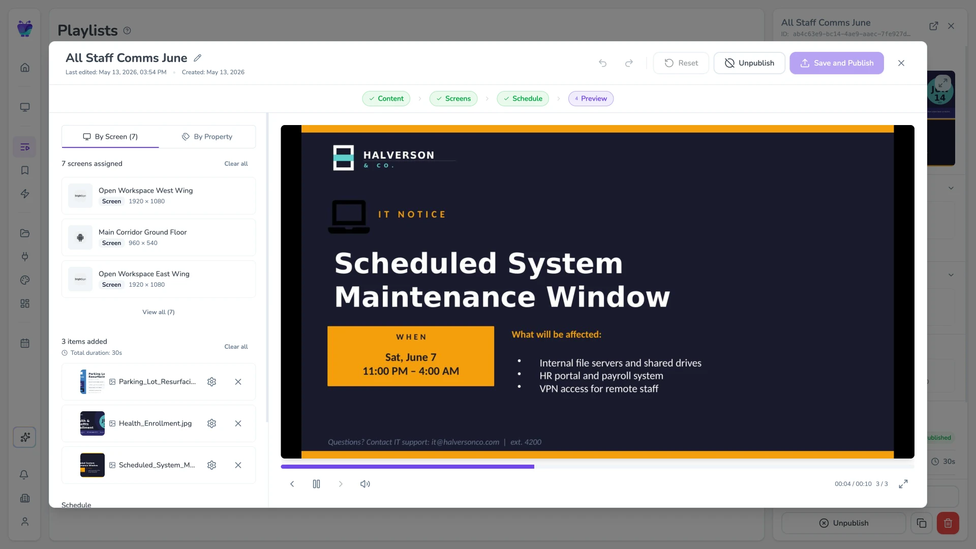 Playlist edit view with screens assigned, content list, and a scheduled maintenance slide previewed