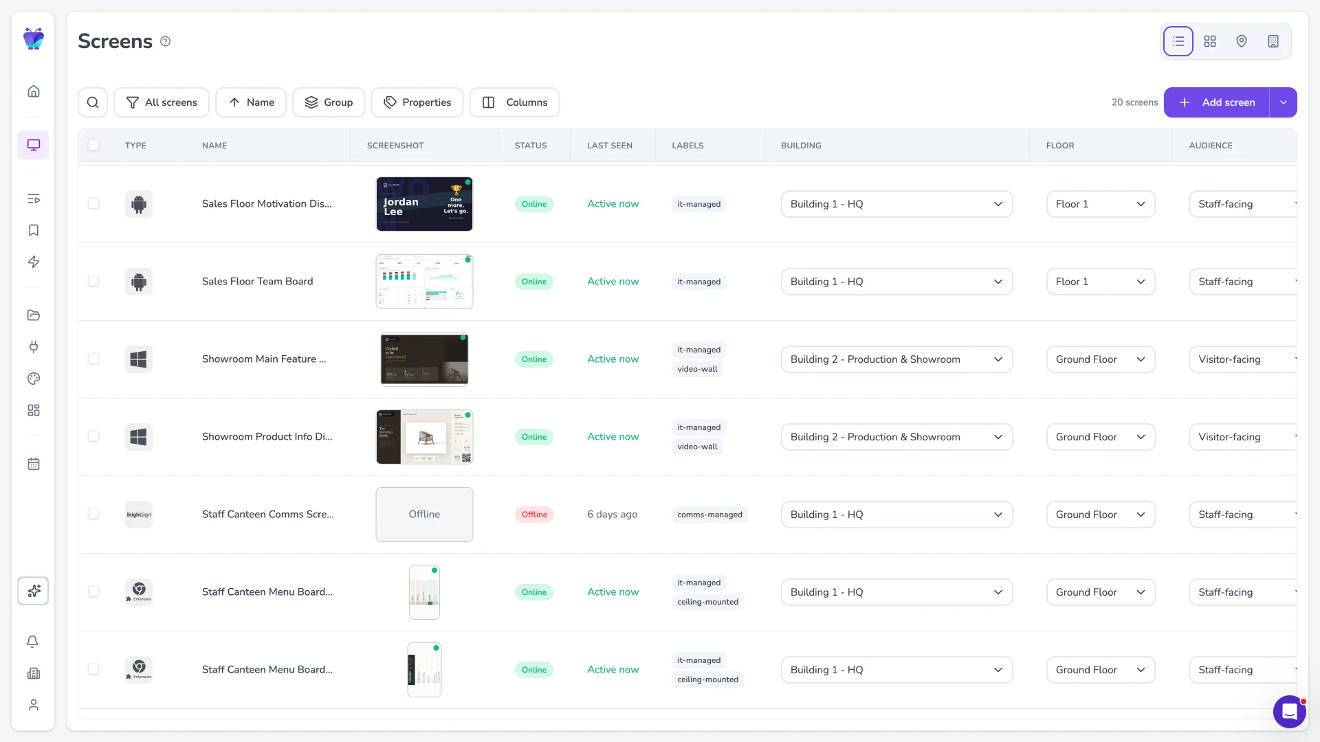 Fugo Screens page showing every screen, status, location, and audience in one table