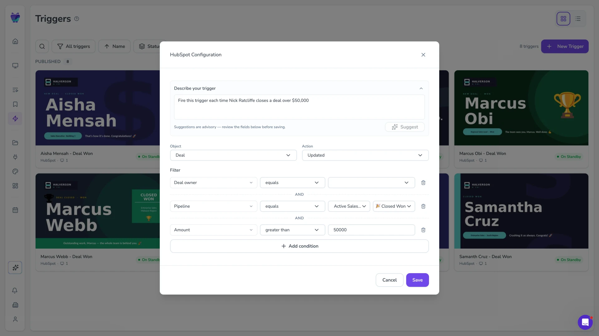 HubSpot trigger configuration with a natural-language description and stacked filters on deal owner, pipeline and amount