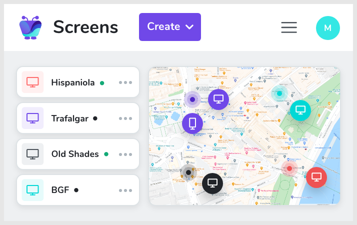 Digital signage screens displaying content