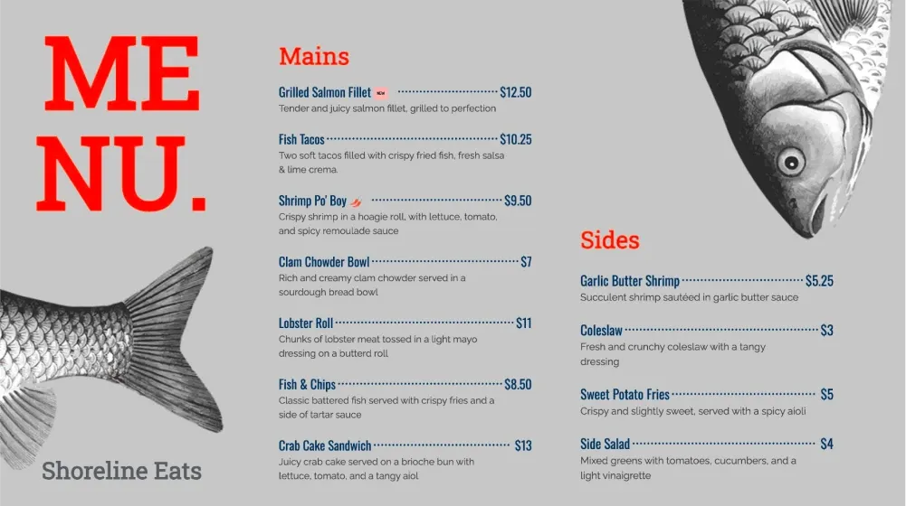 Digital menu template for QSR seafood restaurant