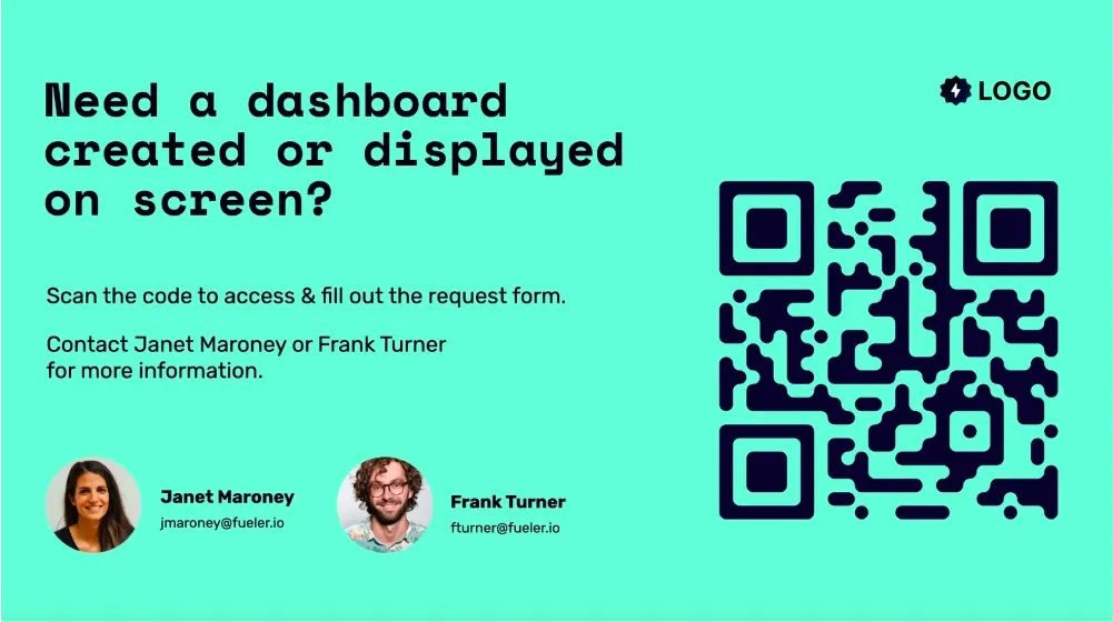 An office digital signage template contains a QR code link to a form requesting TV dashboards from an IT team