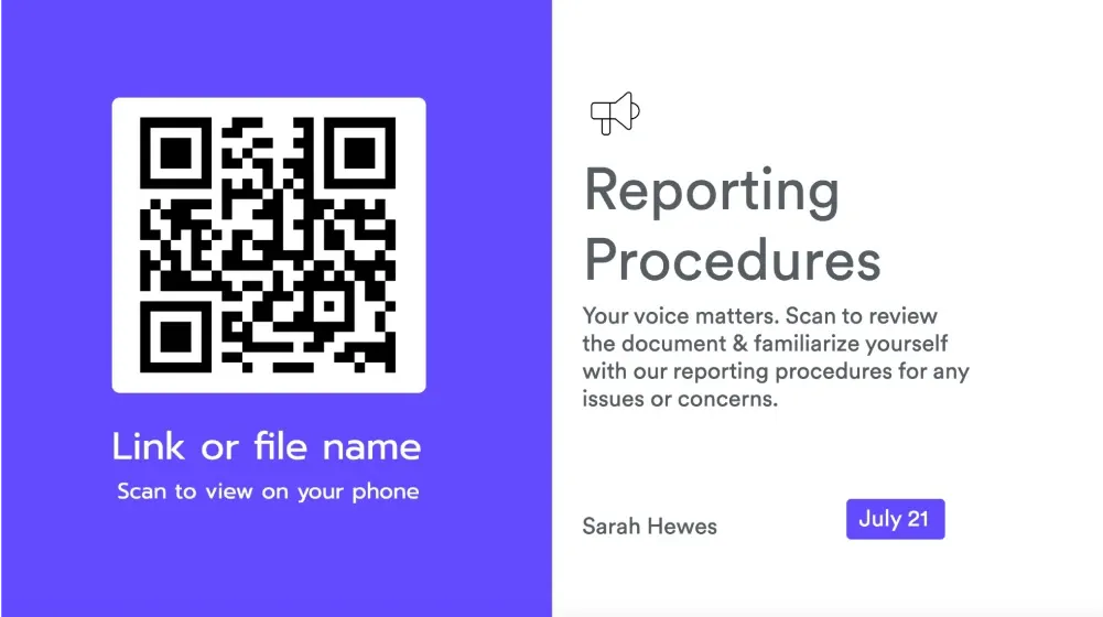 A digital signage template contains text about reporting procedures for employees and a QR code linking to a reporting form.