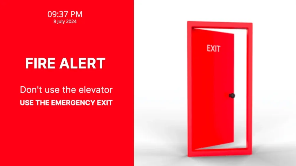 A digital signage template contains an image of an emergency exit door and a message for frontline employees about fire alert protocols.