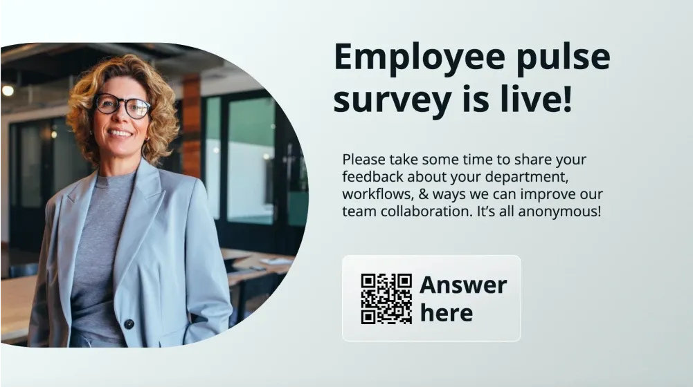 An office digital signage template contains an image of a female employee and a QR code link to an employee pulse survey