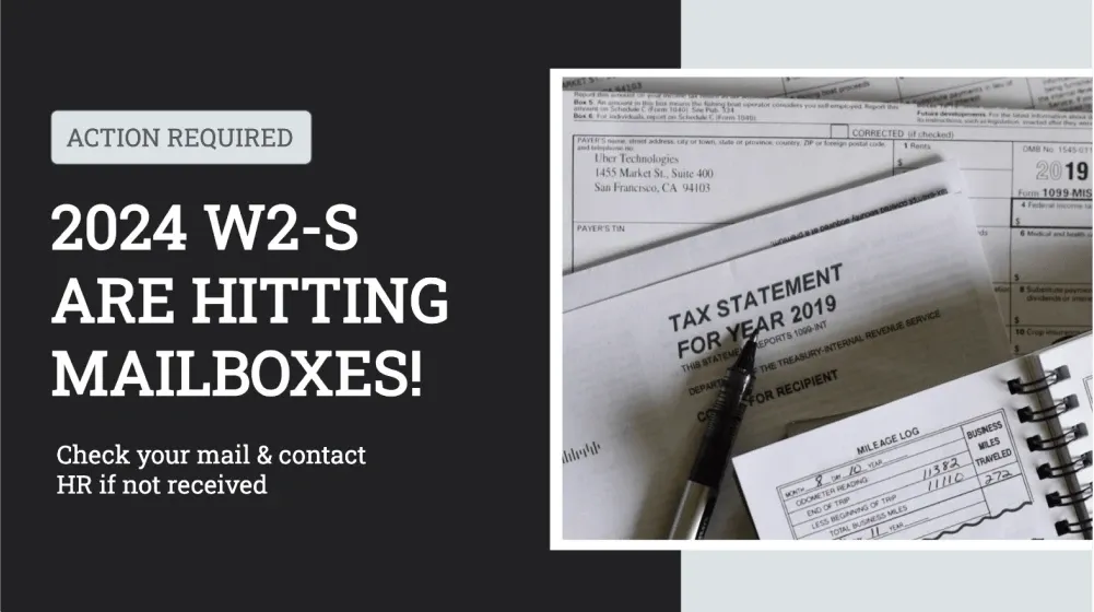 A digital signage template contains an image of tax documents and a message reminding employees about incoming W-2s.