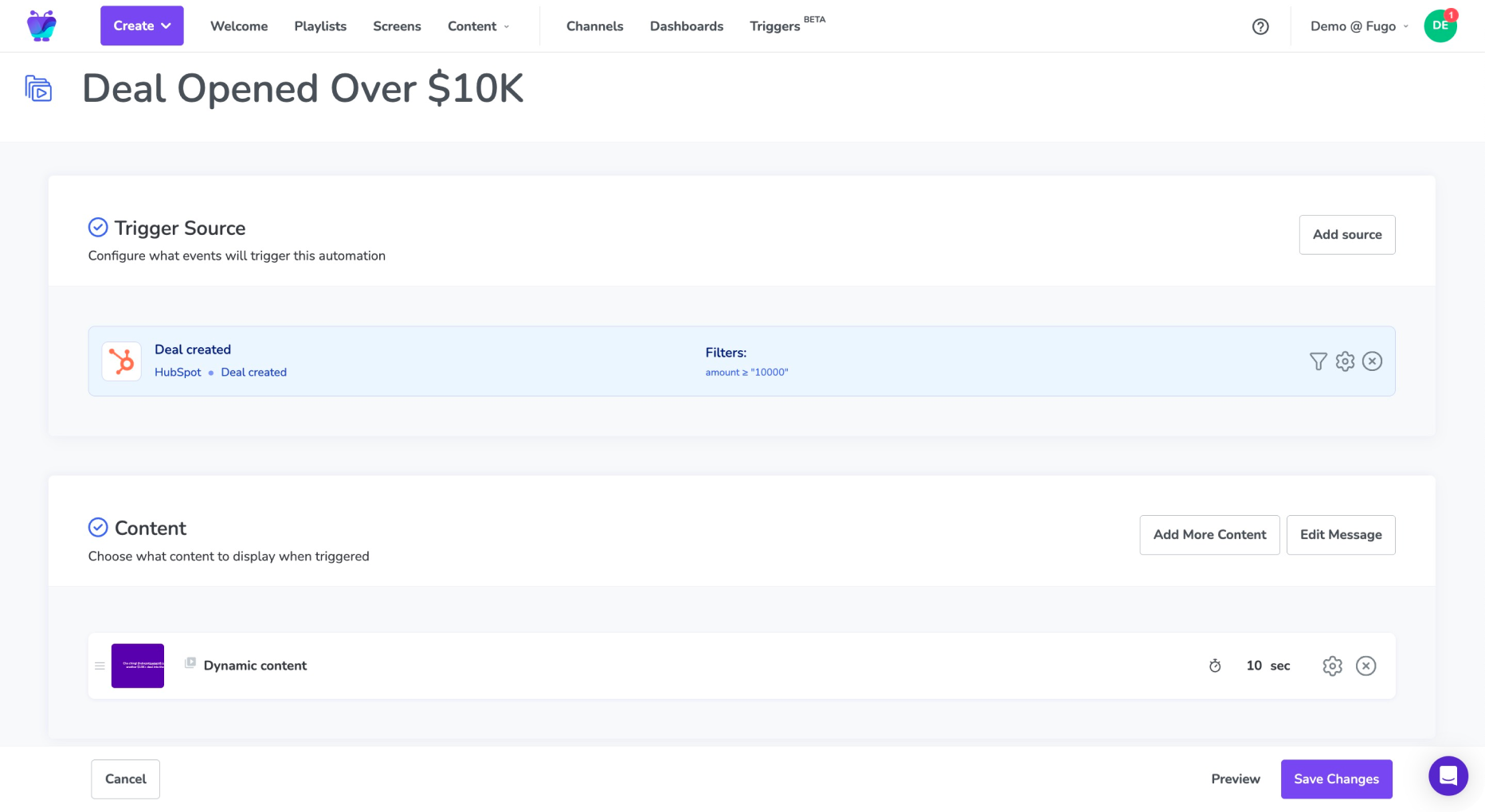 Automation example showing how Fugo keeps your screens relevant with triggered content.
