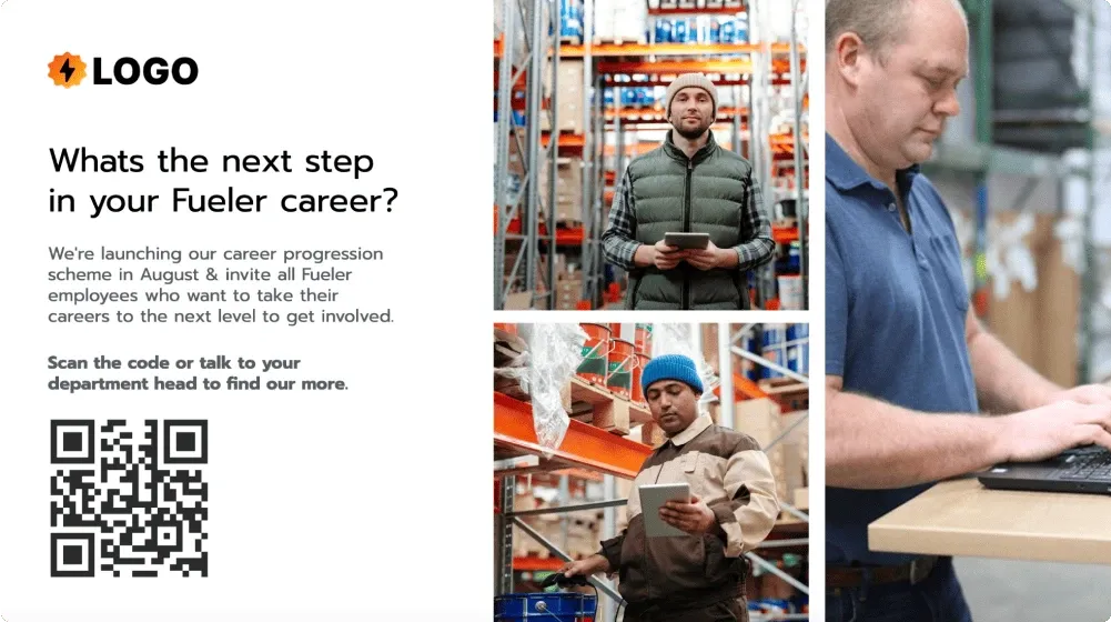 A digital signage template contains 3 images of deskless workers at work in a warehouse and text announcing an employee career progression scheme.