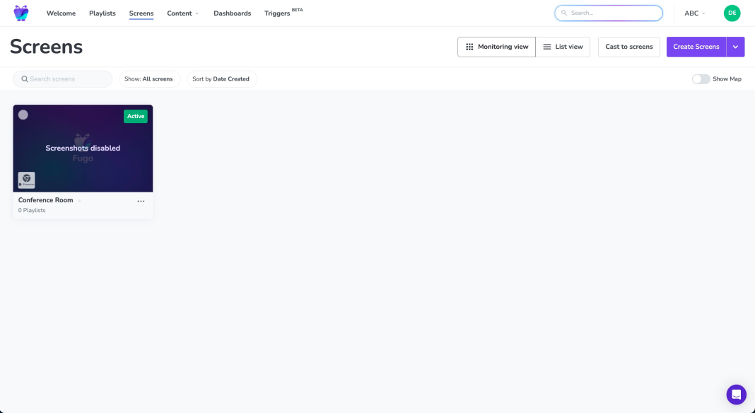 Screens page showing new screen