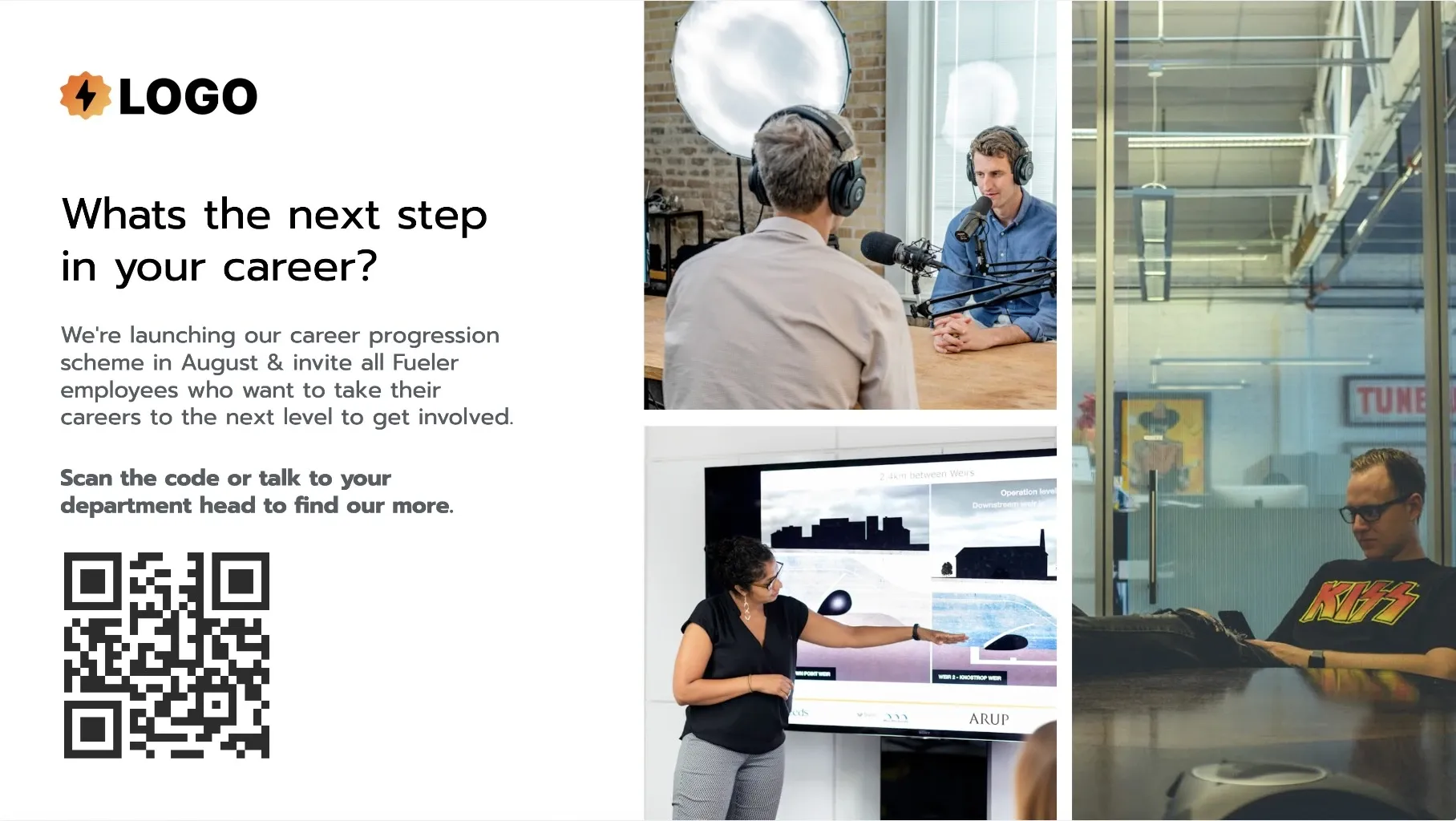 An employee engagement digital signage template contains images of employees in different working environments with text about a company career progression scheme