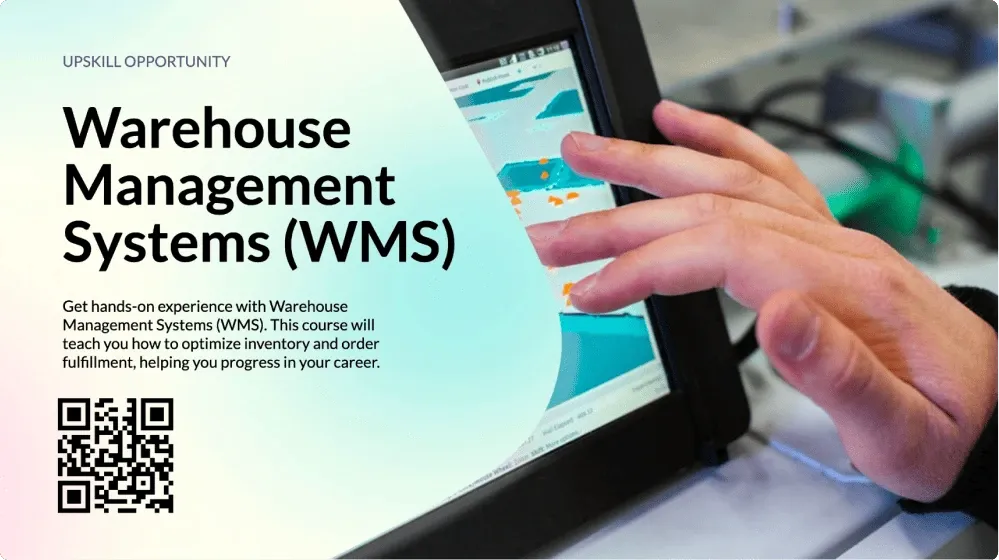 A digital signage template shows an image of an employee manipulating data on a tablet and text announcing a warehouse management system training.