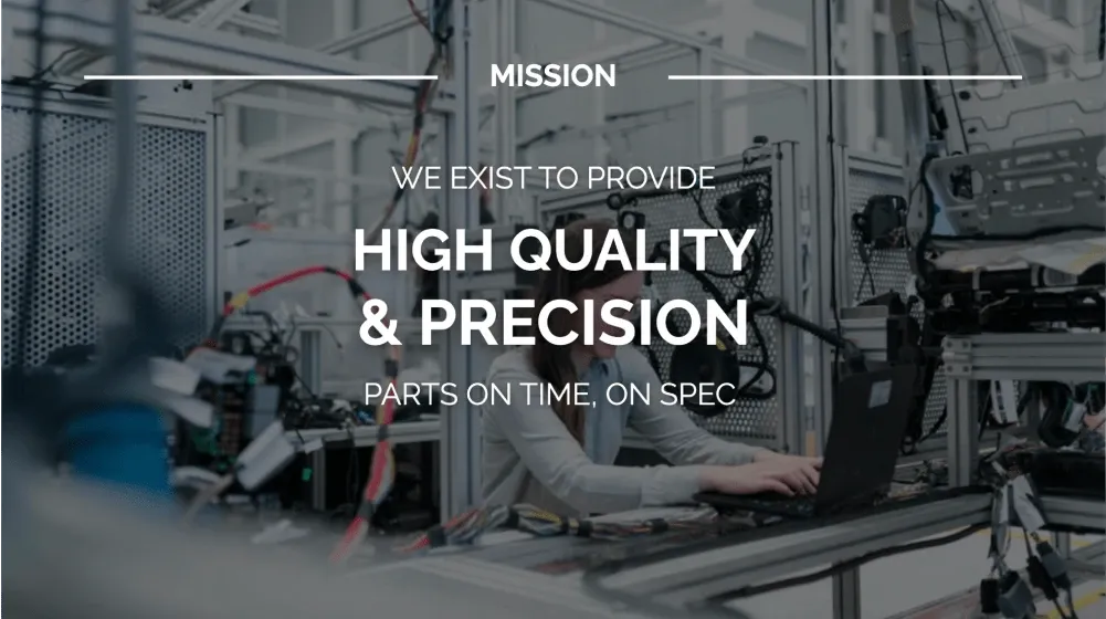 A digital signage template contains an image of manufacturing machinery in the background overlaid with text about company mission.