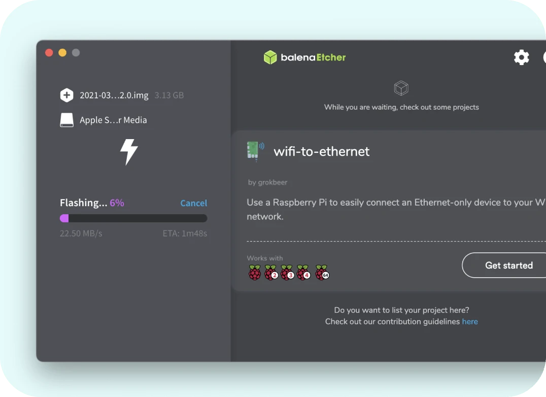 A screenshot of Fugo's digital signage software shows how to write Fugo's image onto a Raspberry Pi drive