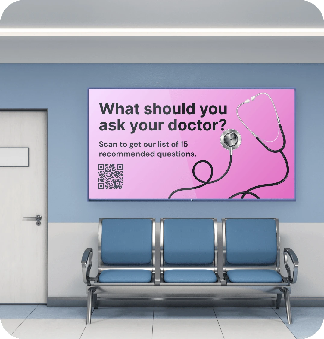 A waiting room TV displays a QR code with recommended questions patients should ask their doctors