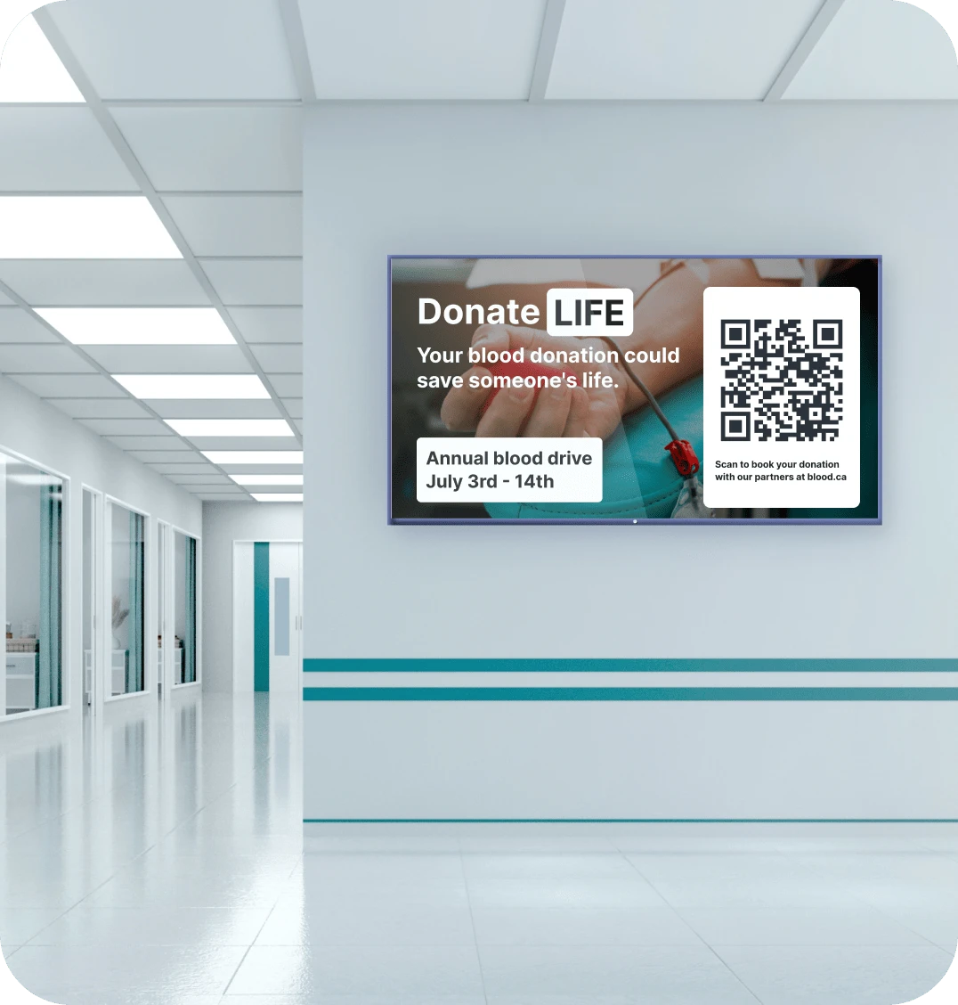 A waiting room digital signage screen displays an advertisement for a blood drive