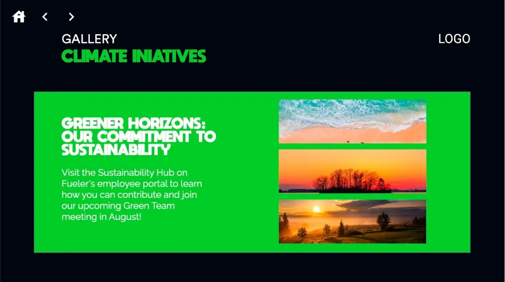 An interactive digital signage template contains images of a sunset and text relating to a company sustainability initiative