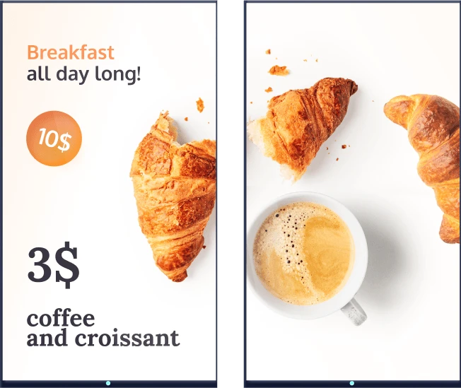 A digital signage display shows a cafe digital menu advertisement for a croissant and coffee deal