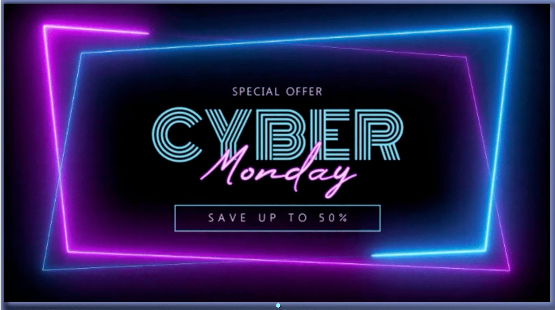 A TV screen displays a digital poster for a Cyber Monday sale.