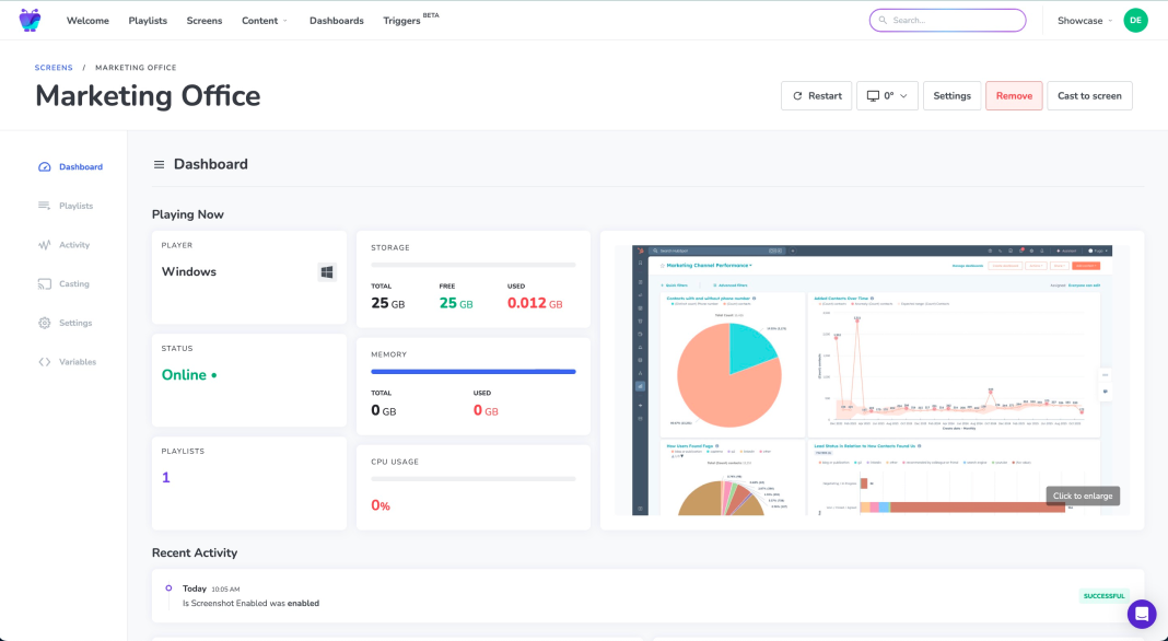 Screen dashboard page