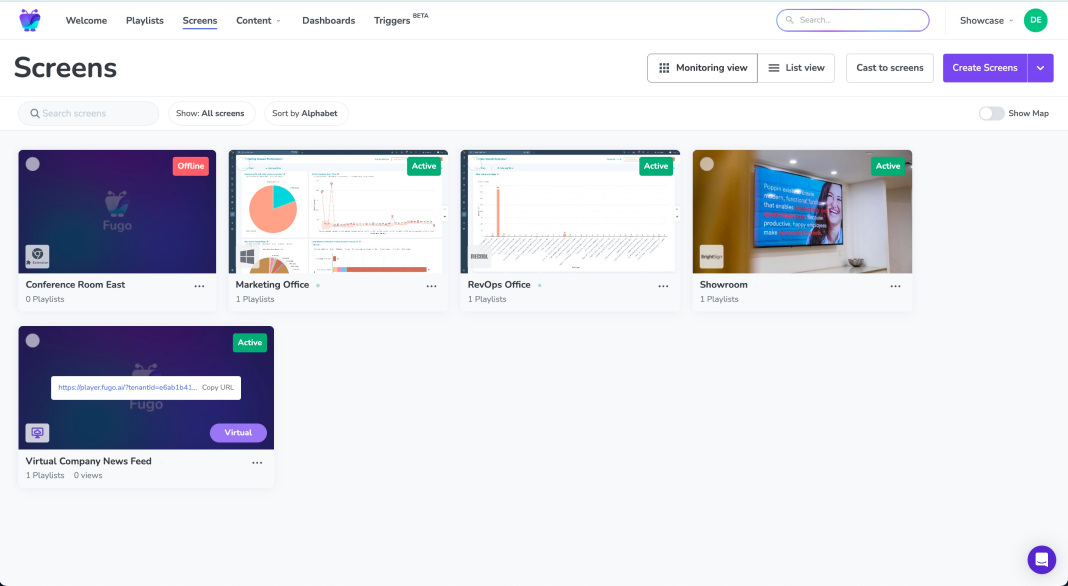Screens page with multiple screens in monitoring view