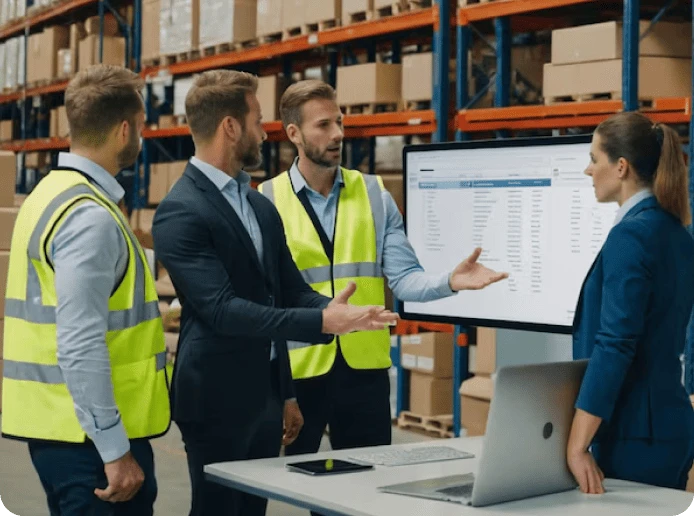 Warehouse employees meet with an executive and point to a digital signage screen displaying data.