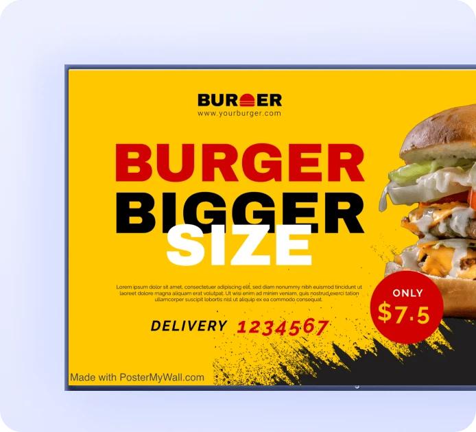 A UI mockup TV screen displays a digital poster for a burger designed in Fugo's digital poster maker.