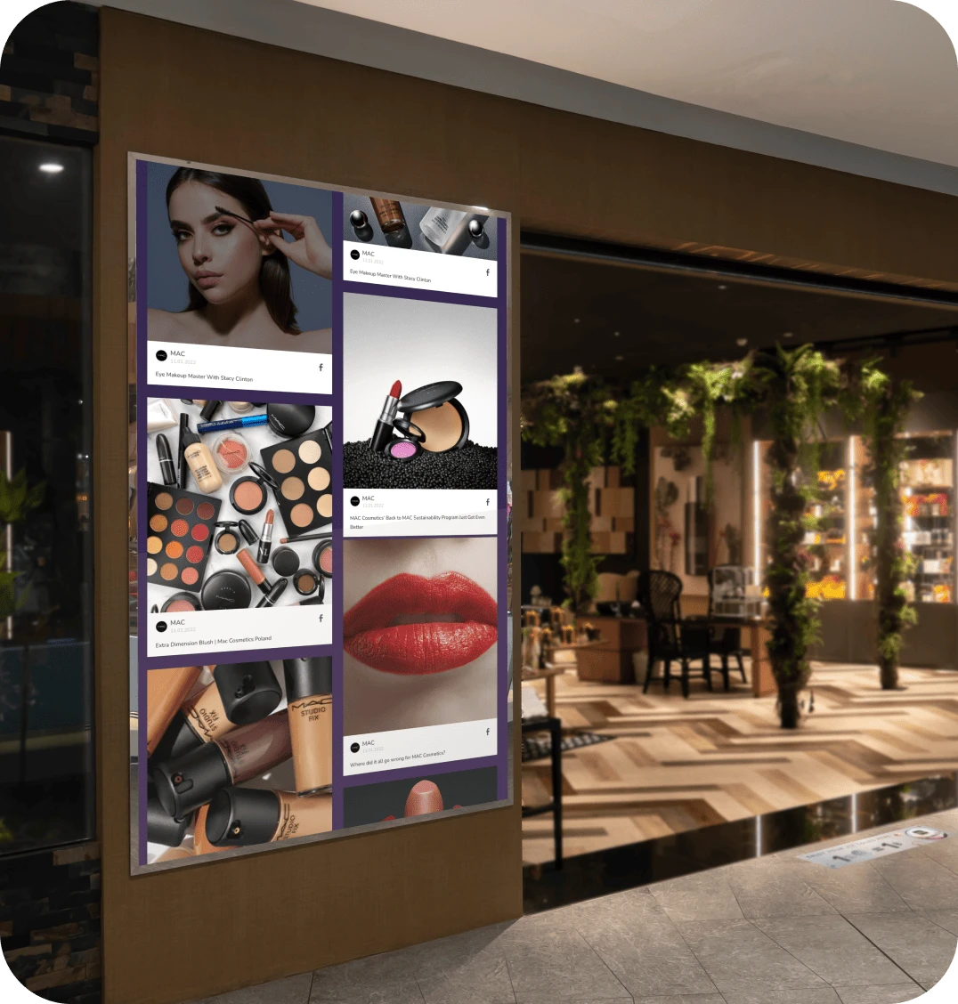 A retail digital signage screen displays the retail store's social media wall.