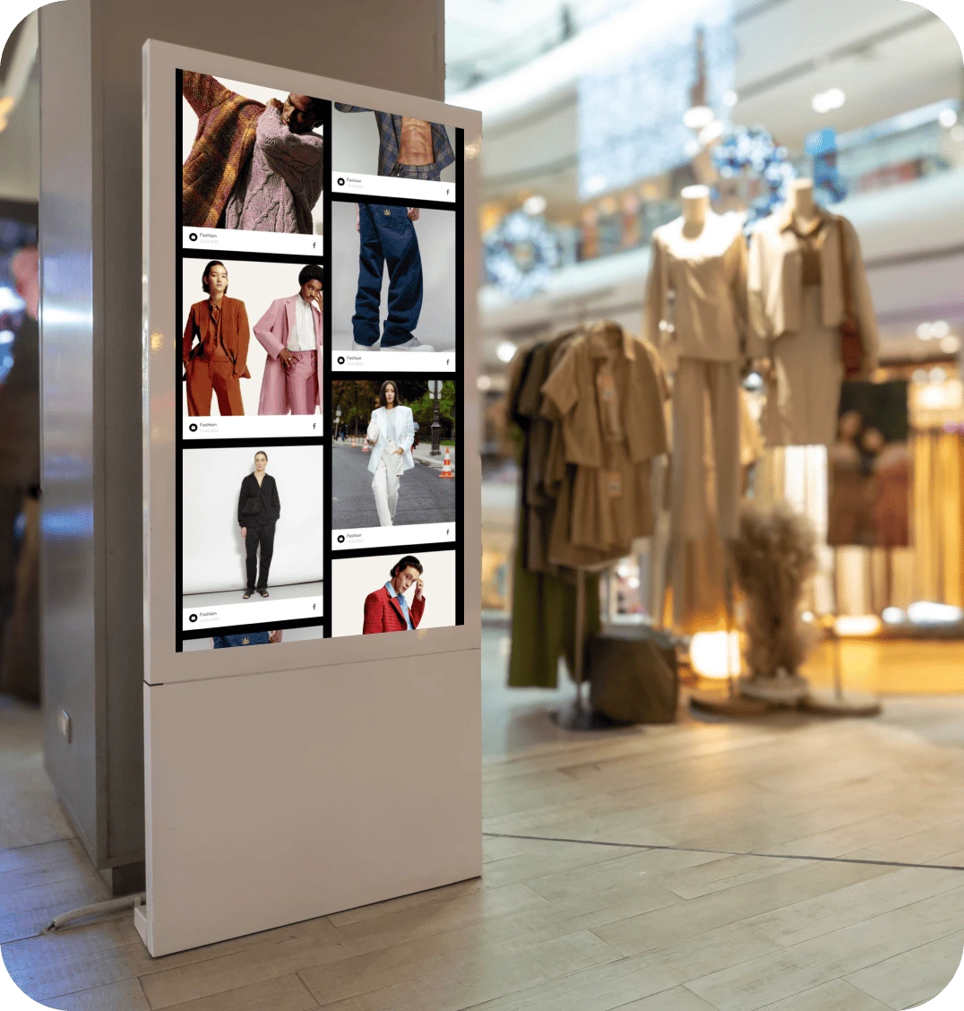 A retail digital signage screen displays the retail store's social media wall.