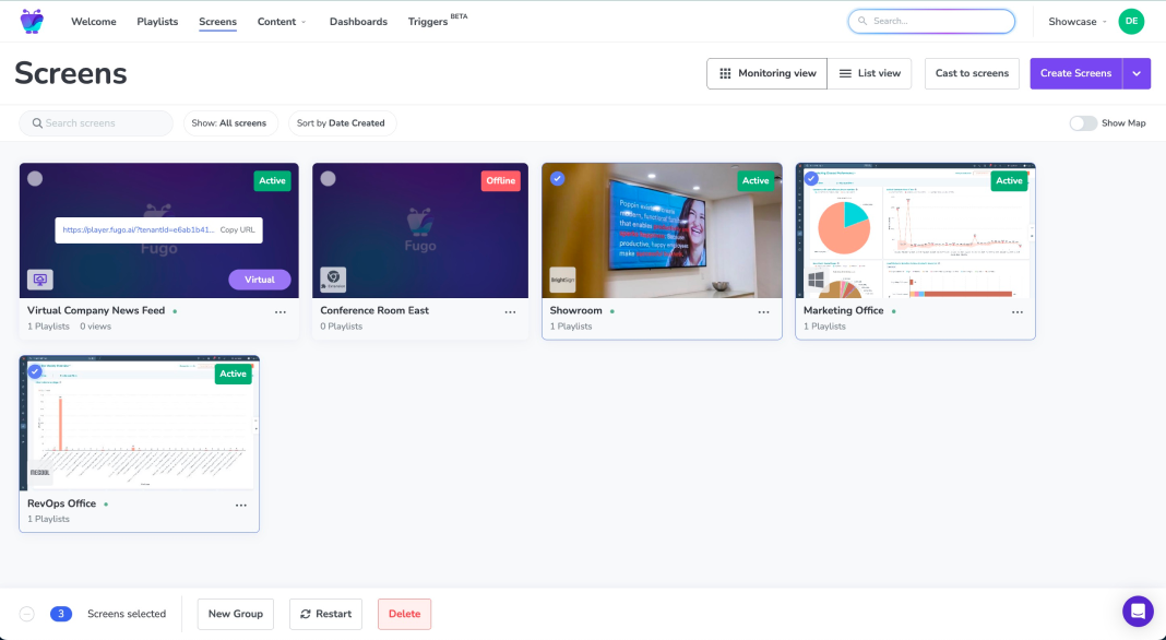 Screens page with multiple screens selected
